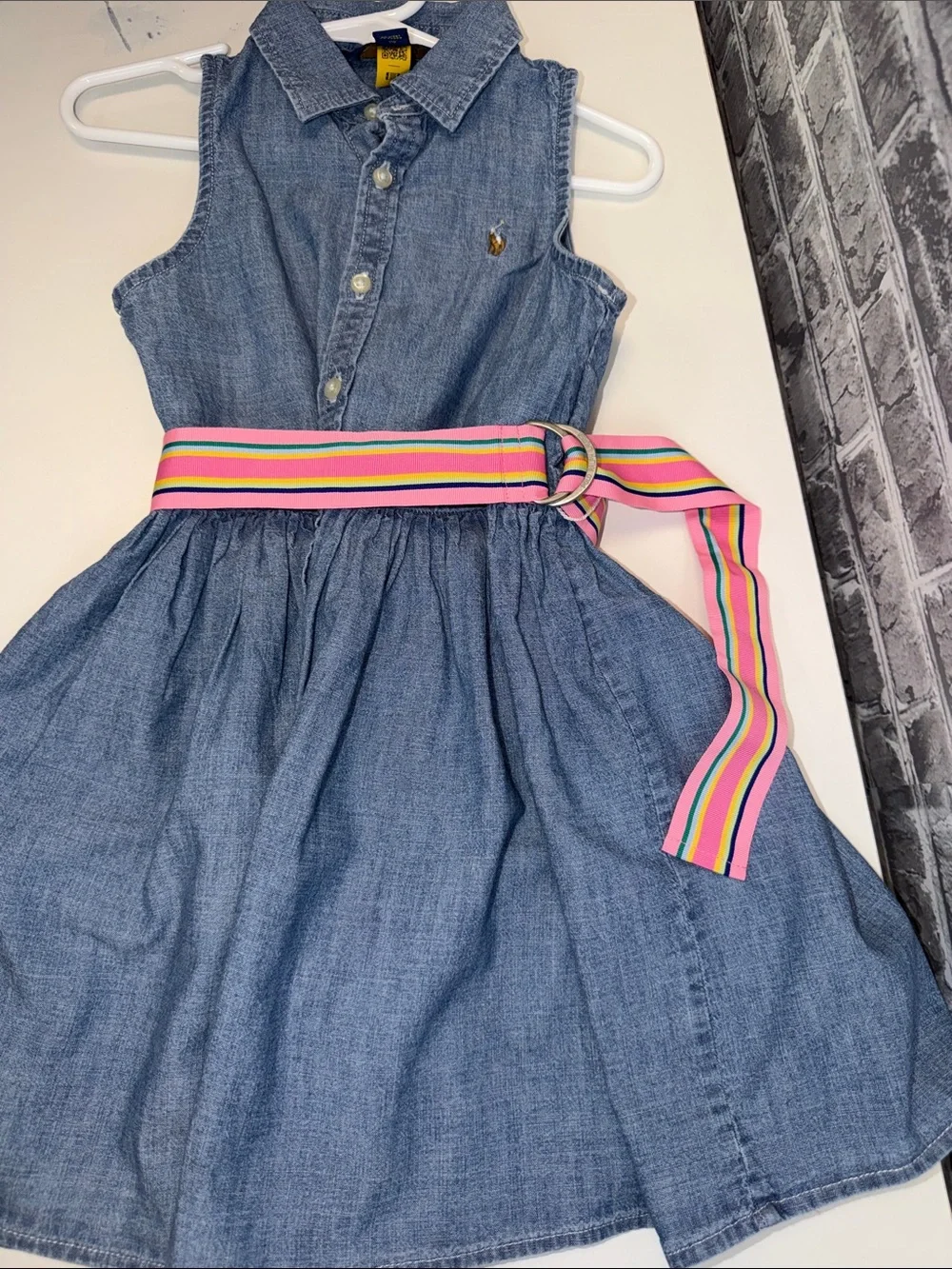Polo Ralph Lauren Sleeveless Denim Dress with Pink Multi-Stripe Belt